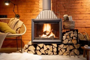 Modern fireplace with stacked firewood and cozy decor.